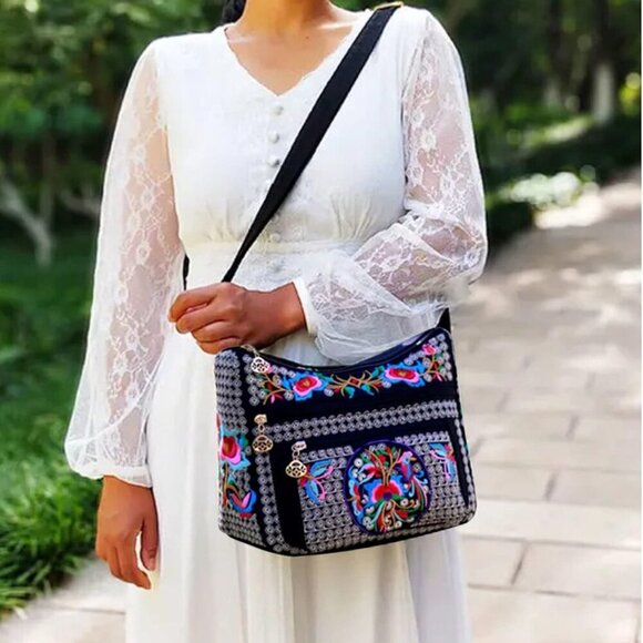 Hobo Crossbody Bag for women, Vintage Ethnic Tribal Embroidered Boho Hippie Tote - Picture 2 of 6